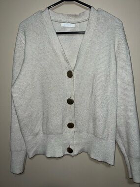 Cream Ribbed V-Neck Button-Front Cardigan Sweater
